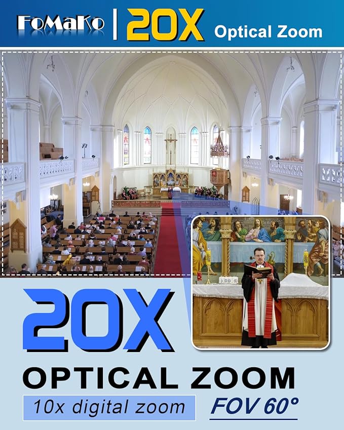 FoMaKo HDMI PTZ Camera AI Auto-Tracking Gen 3 20x Optical Zoom IP USB3.0 HDMI Camera for Church Services Worship EducationNDI UpgradeableFMK12UH Pro(20x) Silvery