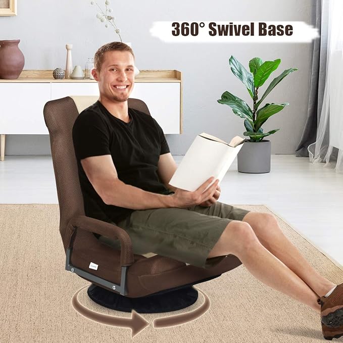 S AFSTAR Floor Gaming Chair Swivel Foldable Chair with Armrest &amp 6-Position Adjustable Backrest Folding Rocker for TV Reading &amp Home Office (Brown)