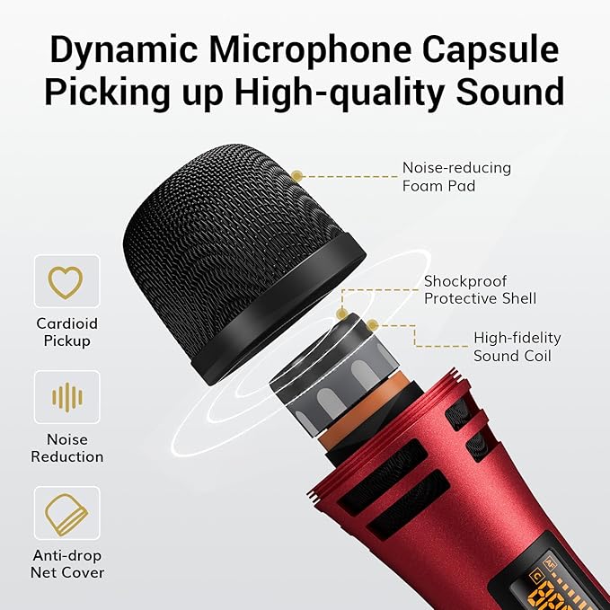 TONOR Wireless Microphones System with 4x10 Channels Cordless Handheld Microfono Inalambrico UHF Mics with Stable Signal Transmission for Karaoke Singing Party Church Wedding 60 m/200ft Red