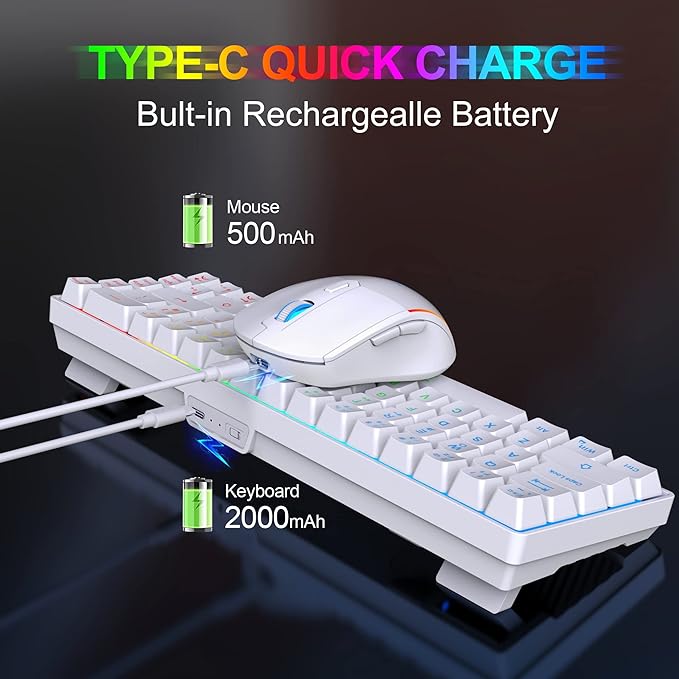 Snpurdiri 60% Wireless Gaming Keyboard and Mouse ComboLED Backlit Rechargeable 2000mAh BatteryMini Mechanical Feel Anti-ghosting Keyboard +Popular RGB Gaming Mice for PC Gamer (White)