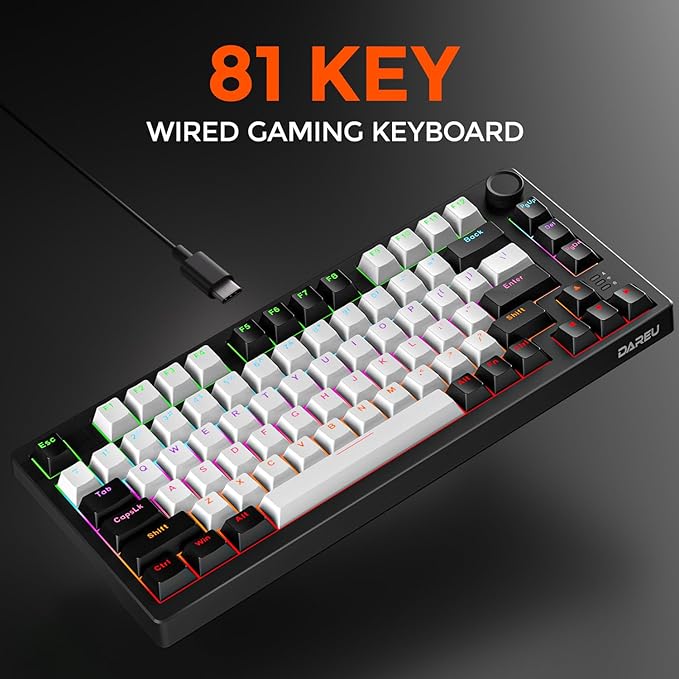 DAREU EK75 Wired Mechanical Keyboard75% Keyboard with Volume KnobGasket Mount Mechanical Gaming Keyboards81 Keys Rainbow BacklitPBT KeycapsLinear Dream Switch for PC Laptop Windows(Black-White)