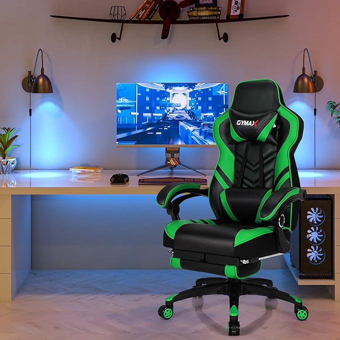 GYMAX Gaming Chair Ergonomic Computer Chair with Footrest Linkage Armrests &amp Lumbar Cushion Big Wide High Back Video Gaming Chair Reclining Office Rolling Chair for Adult/Teens (Green)
