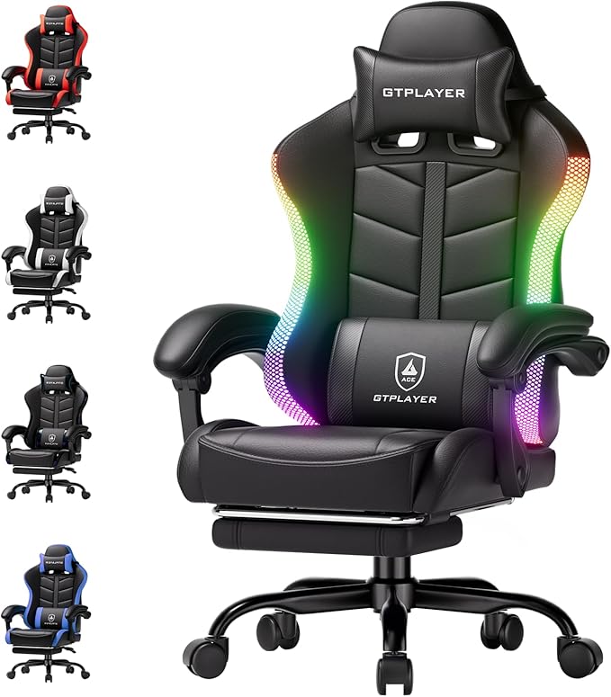 GTPLAYER Gaming Chair Ergonomic Computer Office Chairs for Adults with Footrest Height Adjustable Linkage Armrests 90-155° Recline &amp Headrest Lumbar Support RGB Black