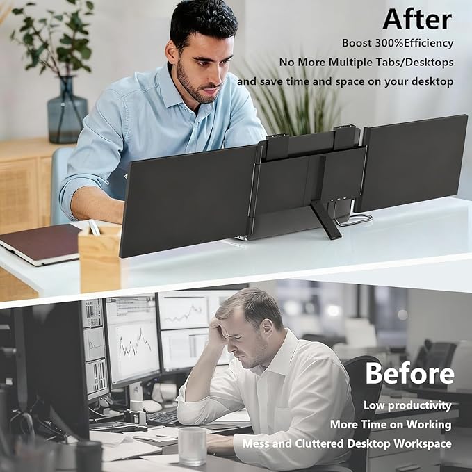Upgraded 3rd Triple Aero 15.6 Pro Max 3 Screen Monitor One Cable Play HDMI/USB-C Setup for Windows/Mac/Chrome/for Remote Work Traders ProgrammersOffice (1 Set)