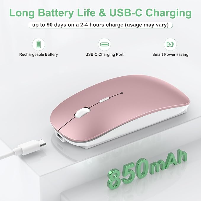 Wireless Mouse for Laptop/MacBook Air/Pro &amp iPad Mouse Jiggler Mode Bluetooth 5.2/2.4G Rechargeable Silent Click 3-Level DPI Slim Portable USB-A&ampC Receiver (Mouse Jiggler Mode Rose Gold)