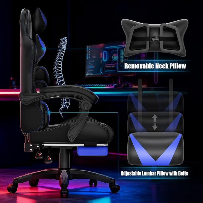 Gaming Chair Racing Style RGB LED Lights Gaming Chairs for Adults and Kids Lumbar Massager Gamer Chair High Back Reclining Computer Chair with Footrest and Headrest (Black/Blue)