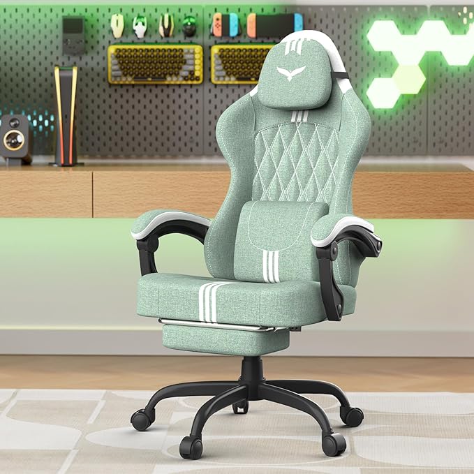 Ferghana Cotton Fabric Gaming Chair with Wider Seat Cushion Diamond Double-Stitching Ergonomic High Back Game Chair with Footrest Computer Chair with Massage Lumbar Support for Adult Green/White