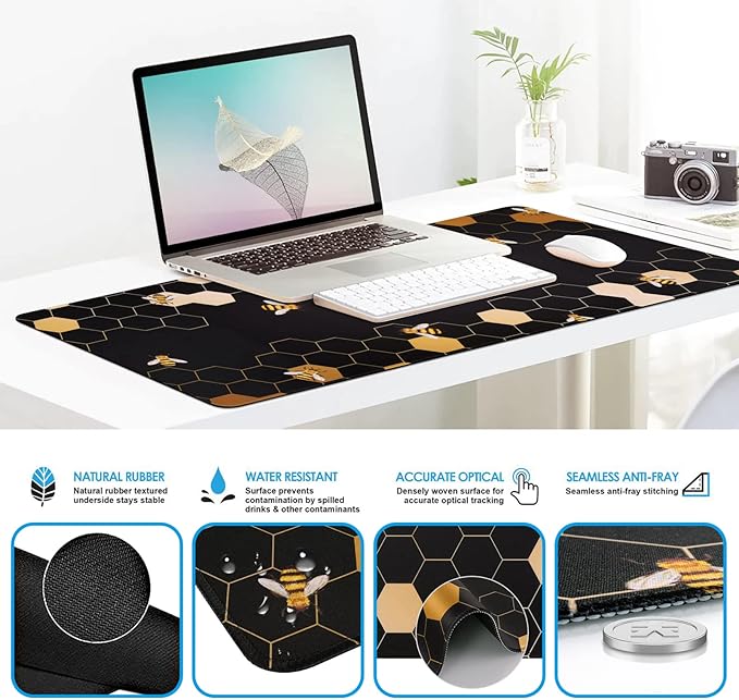 iCasso Desk Mat Gaming Mouse Pad Wrist Support Set4in1 XXL Large Mousepad + Keyboard Wrist Rest+Mouse Wrist Rest+Coaster Set with Ergonomic Design for Home Office Table Computer-Honeycomb
