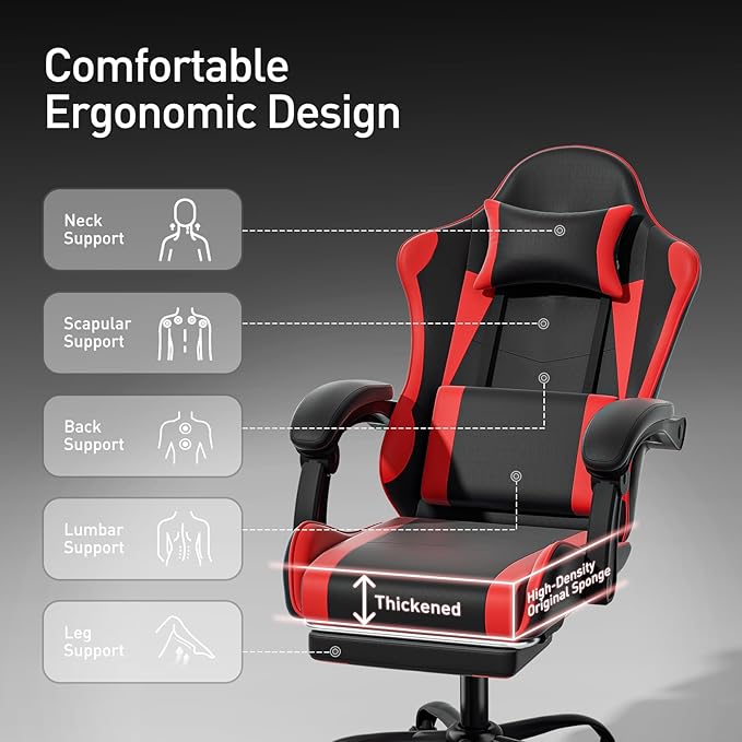 MoNiBloom Gaming Chair with Footrest High Back Video Game Chair with Headrest &amp Lumbar Support Height Adjustable Leather Swivel Computer Chair for Adult Teen Office or Gaming Red