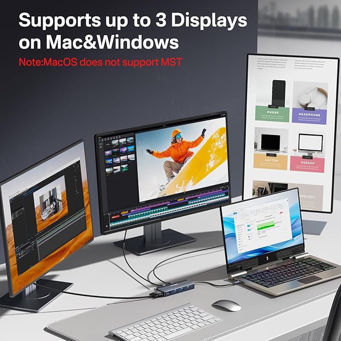 USB C Docking Station Dual MonitorsLaptop Docking Station with Dual HDMI 4K@60HZ1*VGA 1080P@60HZ2 * 5G USB A1 * 5G USB C3.5MM AudioPD100W8 in 1 Dock Station for MacBook/Windows (Grey)