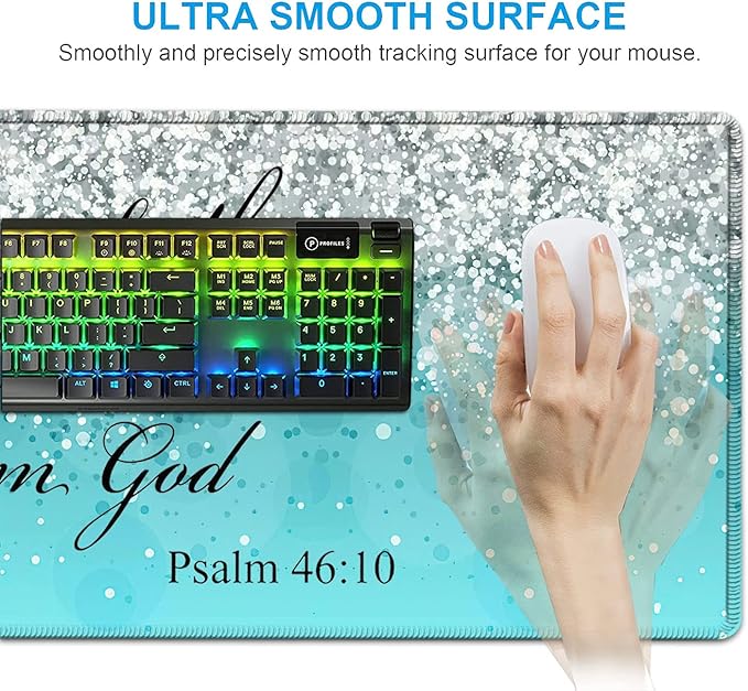 Keyboard Mouse Pad SetExtended Gaming Mouse Pad + Memory Foam Keyboard Wrist Rest Support Psalm 46-10 Blue Glitter Office Desk Mat Writing Pad Easy Typing Pain ReliefXXL Large Mousepad Desk Mat