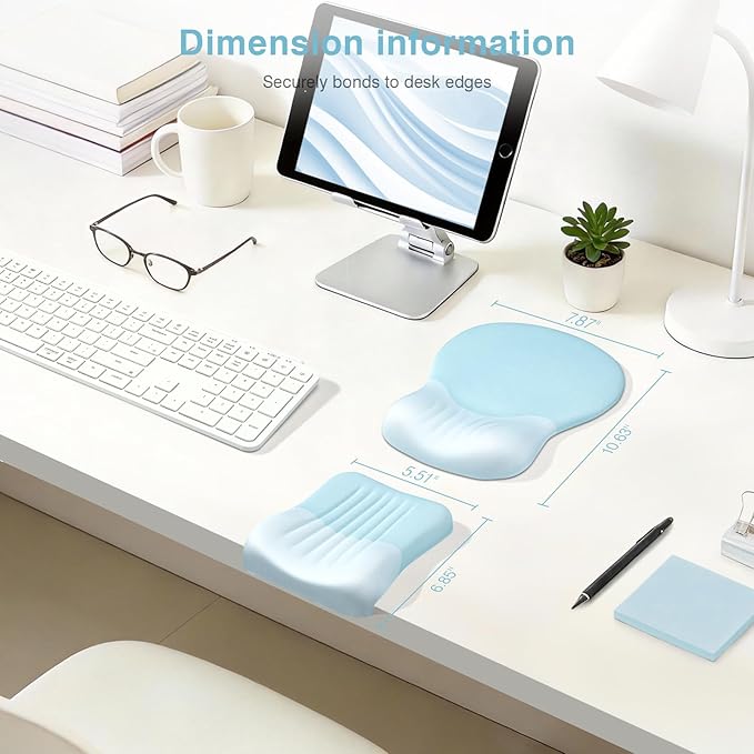 Ospelelf Mouse Pad with Wrist Rest Set Foam L-Shaped Desk Elbow Pad Ergonomic Desk Edge Cushion Anti-Slip Rubber Bottom Office Women Desk Accessories for Computer Laptop and Gaming Blue
