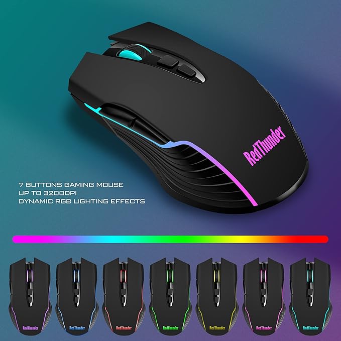 RedThunder K10 Wireless Gaming Keyboard and Mouse Combo LED Backlit Rechargeable 3800mAh Battery Mechanical Feel Anti-ghosting Keyboard + 7D 3200DPI Mice for PC Gamer (Black)