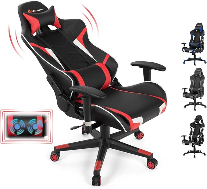 Goplus Gaming Massage Office Chair High Back PU Leather Adjustable Arms Headrest Ergonomic Reclining Racing Chair Rolling Swivel Executive Computer Chair