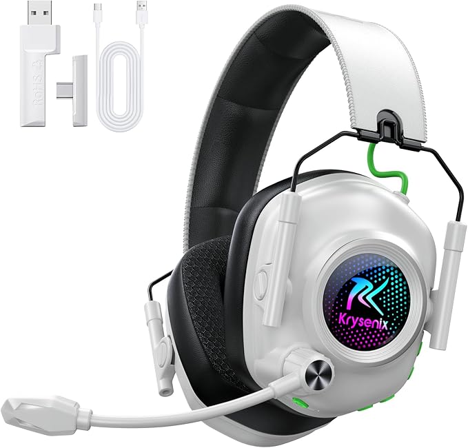 2.4 GHz Wireless Gaming Headset for PC PS5 PS4 Switch Mac Bluetooth 5.4 Gaming Headphones with Noise Canceling Microphone Cool RGB Lighting 50Hr Battery Foldable 50mm Drivers-White