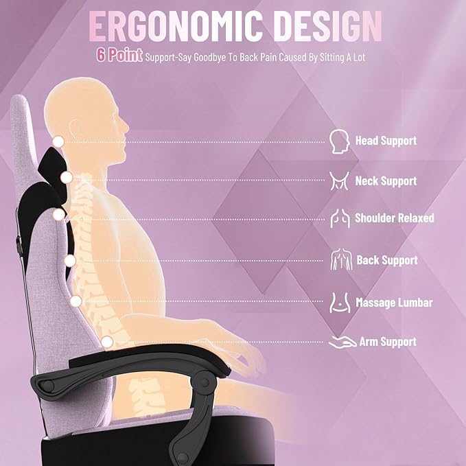 Ferghana Cotton Fabric Gaming Chair with Wider Seat Cushion Shield-Shaped Embroidery Ergonomic High Back Game Chair with Footrest Computer Chair with Massage Lumbar Support for Adult Pink