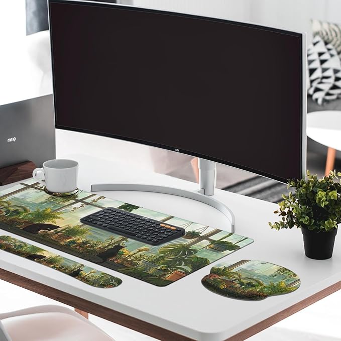 Britimes Cute Cat Keyboard Mouse Pad Set Green Plants 4in1 Large Mousepad+Keyboard Wrist Rest+Mouse Wrist Rest+Coaster Ergonomic Design for Home Office Computer 35.4x15.7 inches