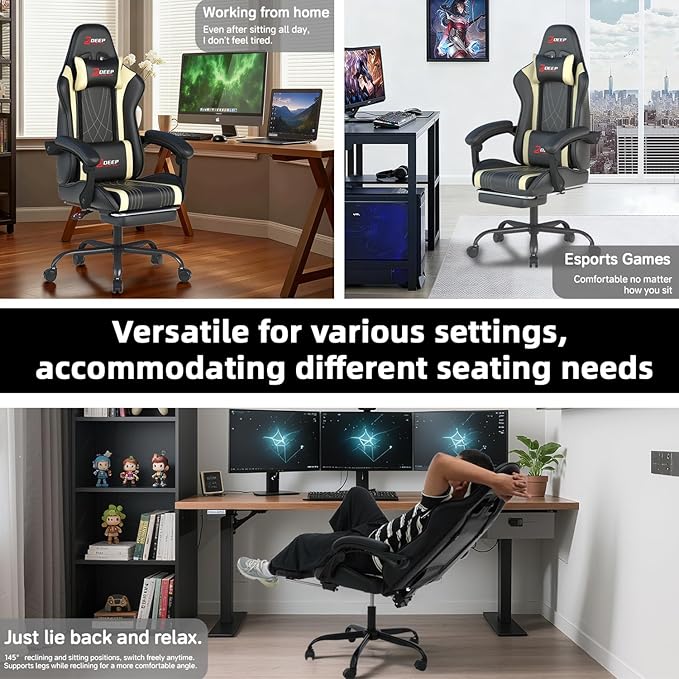 Ergonomic Gaming Chair with Footrest and Lumbar Massage Racing Office Chair High Back Computer Desk Chair with Headrest Pillow for Adults Video Game Chair for PC Gamer (1001-Beige)