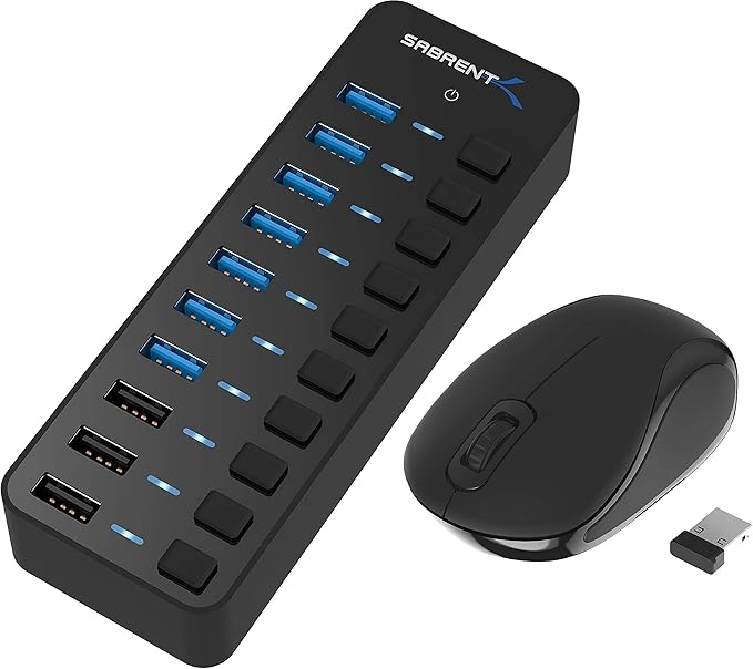 Sabrent 60W 10-Port USB 3.0 Hub + Mini Travel 2.4GHz Wireless Mouse with Nano Receiver