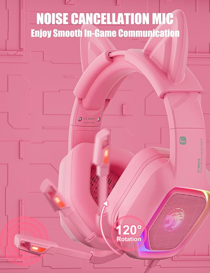 ZIUMIER Gaming Headset with Detachable Cat Ears Compatible with PS4 PS5 Xbox One PC Laptop Over-Ear Headphones with LED Light Noise Canceling Mic Stereo Surround Sound (Pink Cat)