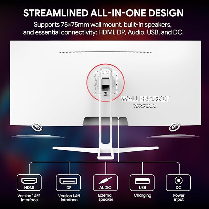 CRUA 34'' Ultrawide Gaming Monitor 120HZ 21:9 WFHD 2560X1080 IPS Panel Computer Monitors with Built-in Speakers Support AMD FreeSync 120% sRGB DP1.4 &amp HDMI1.4 Wall Mountable Installs-White
