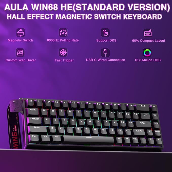 AULA WIN68 HE Mechanical Gaming Keyboard 60% Hall Effect Magnetic Switch Fast Trigger Mode Adjustable Actuation 8000Hz Polling Rate RGB Backlit Wired Black Keyboard for Laptop/PC Gamer