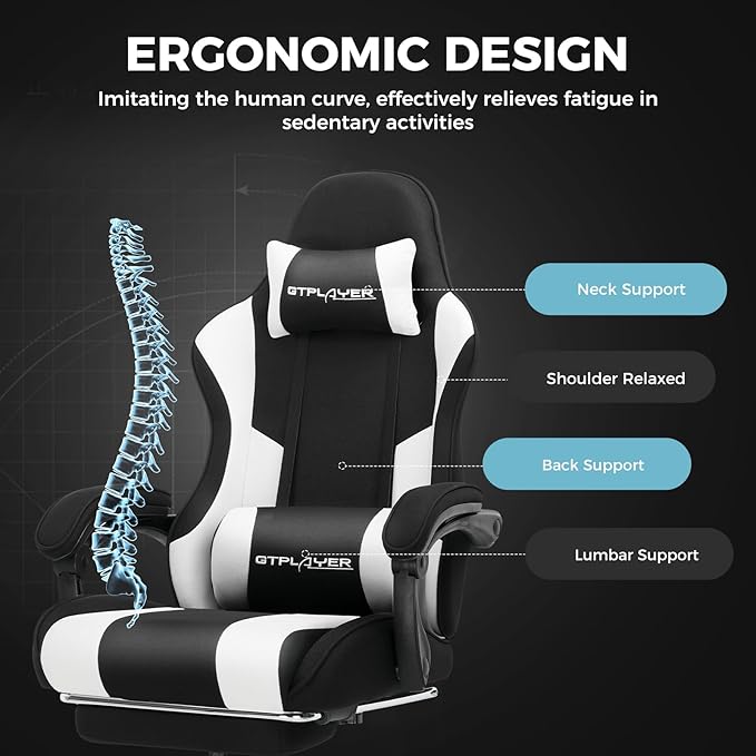 GTPLAYER Gaming Chair Computer Chair with Footrest and Lumbar Support Height Adjustable Game Chair with 360°-Swivel Seat and Headrest and for Office or Gaming (Fabric Black White)