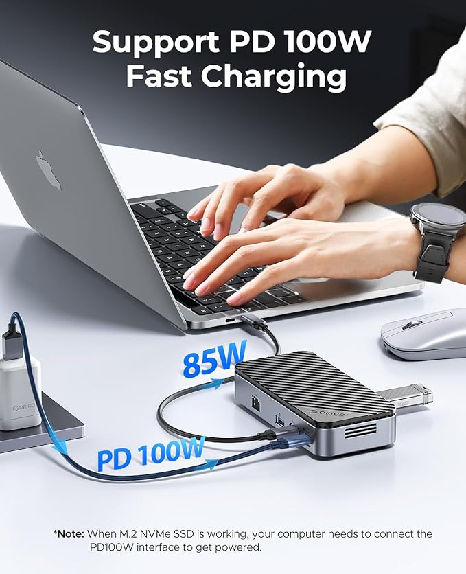 ORICO 9-in-1 USB C Hub with M.2 NVMe SSD Enclosure 10Gbps Tool Free Hub Docking Station with Built-in Fan Gigabit Ethernet 100W PD SD/TF Type C &amp USB A for Laptop MacBook