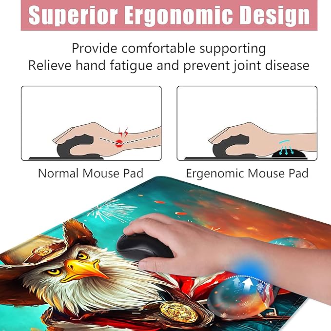Large Keyboard Mouse Pad Set Extended Mouse Pad+Keyboard Wrist Rest Support Memory Foam Ergonomic Easy Typing 4Pcs (31.5×11.8 in) Desk Pad Set for Office HomeAmerican Flag Eagle