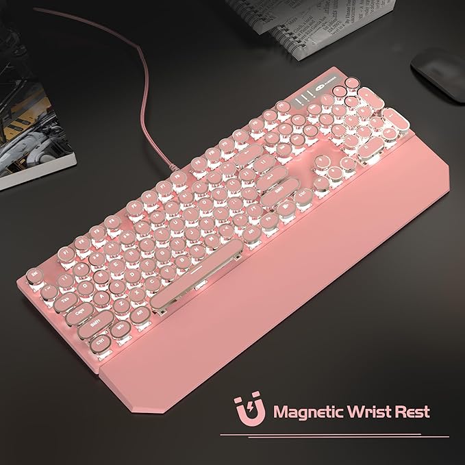 MageGee Typewriter Mechanical Gaming Keyboard Retro Punk Pink Round Keycaps 104 Keys LED White Backlit Wired Keyboards for Laptop MAC PC Gamer with Magnetic Wrist Rest Blue Switch