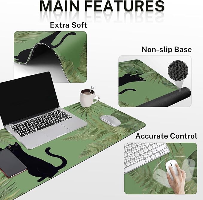 Britimes Sage Olive Green Leaves Keyboard Mouse Pad Set Funny Cute Cat 4in1 Large Mousepad+Keyboard Wrist Rest+Mouse Wrist Rest+Coaster Ergonomic Design for Home Office Computer 35.4x15.7 inches
