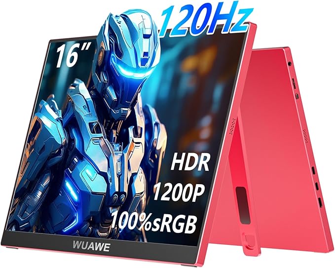 WUAWE 16 inch Portable Laptop Monitor 100% sRGB Portable Gaming Monitor with Built-in Stand HDR and Freensync External USB C Monitor for Laptop PC Phone Switch and PS5(Red)