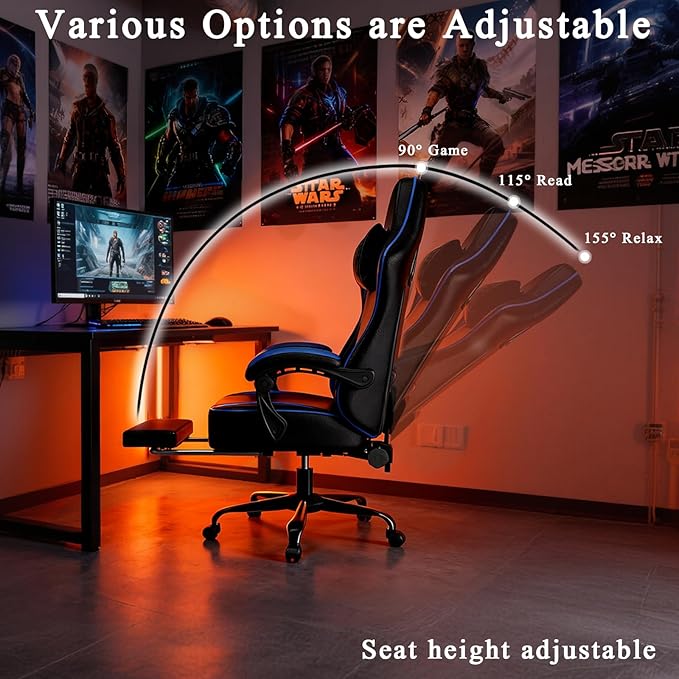 Gaming Chair with Pocket Spring Cushion and Footrest Ergonomic Computer Chair for Adults Breathable PU Leather Game Chair Adjustable Headrest and Lumbar Support Office Desk Chair