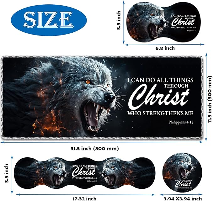4 in 1 Mouse Pad Combo Large Gaming Mouse Pad + Keyboard Wrist Support + Mouse Wrist Rest + Coaster Table Pad 31.5 x 11.8 with Memory Foam Ergonomic Wrist Pad Set Ferocious Wolf