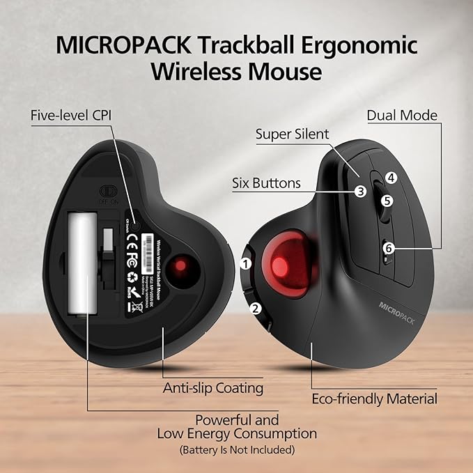 MicroPack Ergonomic Wireless Mouse with Trackball and 5 Adjustable DPI Easy Thumb Control Precise &amp Smooth Tracking. Update Bluetooth Medium-Sized Right Hand Mouse for Laptop PC Mac Windows
