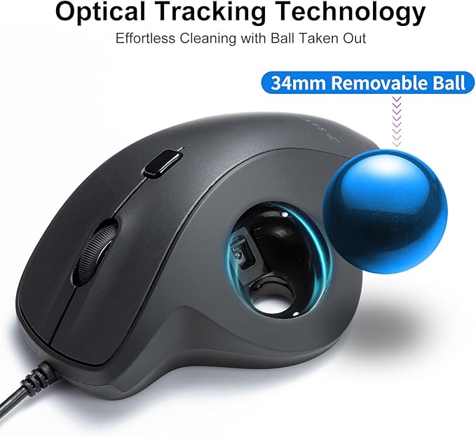 SANWA Wired Ergonomic Trackball Mouse Optical Vertical Rollerball Mice Silent Buttons 34mm Trackball 600/800/1200/1600 DPI Compatible with MacBook Laptop Computer Windows macOS Blue