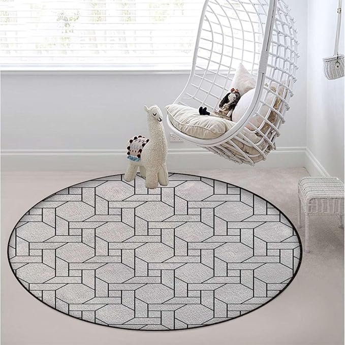 Beige Black Round Area Rug for Bathroom Kitchen Room Indoor Vintage Throw Rugs Carpets Floor Mats Home Decor Black and White Pavement Tile Bricks Diameter 51 in
