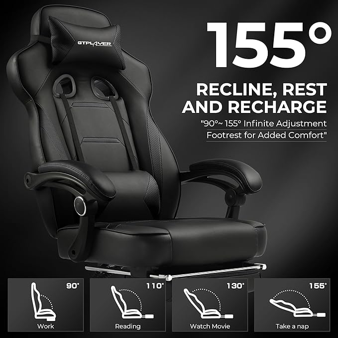 GTPLAYER Gaming Chair with Footrest Big and Tall Computer Game Chair 350lb Racing Style Ergonomic High Back Lumbar Support and Recliner Black