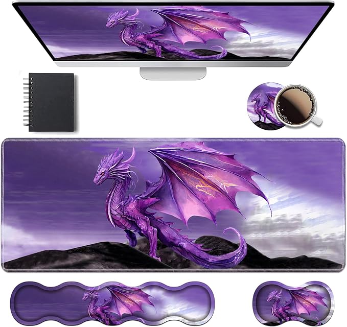 Ergonomic Keyboard Wrist Rest &amp Mouse Pad Wrist Rest Set Large XXL Gaming Desk Mat 31.5x 11.8 with Memory Foam Easy Typing Pain Relief for Office &amp Home Purple Dragon