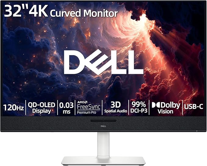 Dell Plus 32 4K Curved Monitor QD-OLED Display 120Hz 0.03ms AMD FreeSync Pro AI-Enhanced 3D Spatial Audio 99% DCI-P3 Dolby Vision 5x2.5W Speakers USB-C 90W PD Compatible with PC &amp Consol