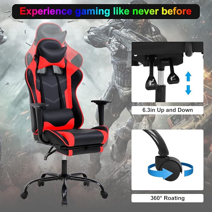 Gaming Chair Computer Chair Ergonomic Gaming Chair with Footrest Reclining High Back Video Game Chair with Lumbar Support Headrest Armrest Swivel Seat for Women Men (Red)