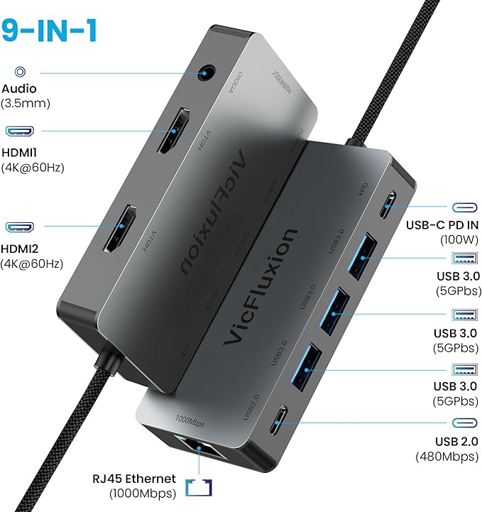 USB C Docking Station Dual Monitor 9-in-1 USB Hub with 2 HDMI 4K@60HZ 1×1000Mbps Ethernet 3× USB 3.0 1× Type C 1× PD Charging 1×3.5mm Audio HDMI Adapter for Laptops/Computer/Tablets/Mac/Windows