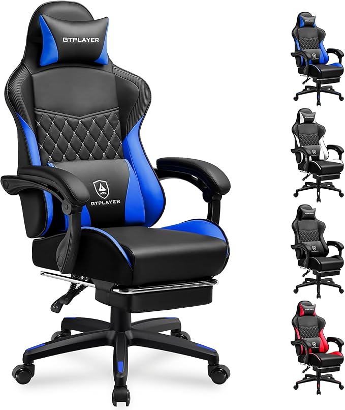 GTPLAYER Gaming Chair High Back Leather Computer Gaming Chair with Footrest Ergonomic Height Adjustable Office Chair with Removable Cover and Lumbar Support for Gaming and Work (Blue)