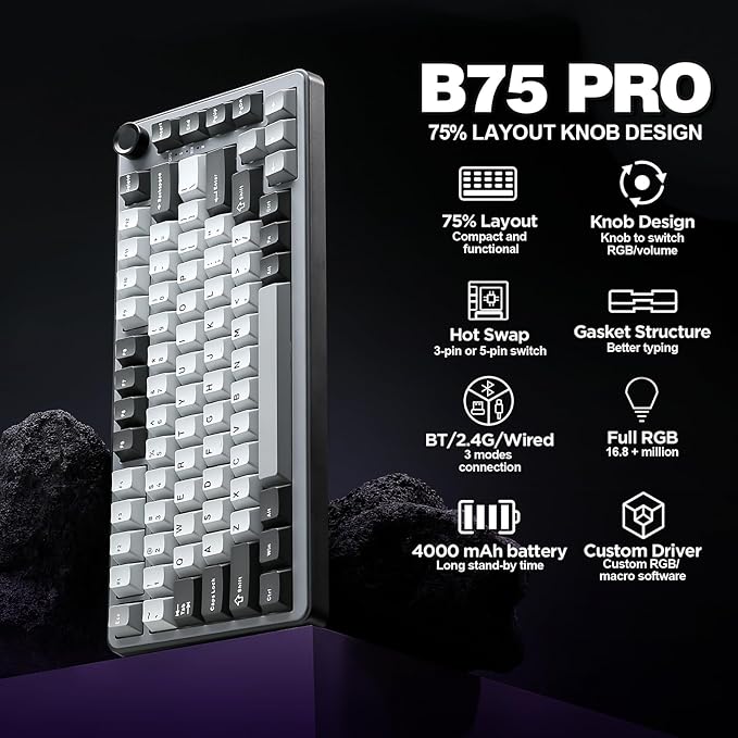 YUNZII B75 PRO Wireless Mechanical Keyboard75% Layout with KnobHot Swap Gasket StructureCreamy Pre-lubed SwitchesRGB BacklitBluetooth/Type-C/2.4G for Win/Mac (Dark Grey Milk Switch)