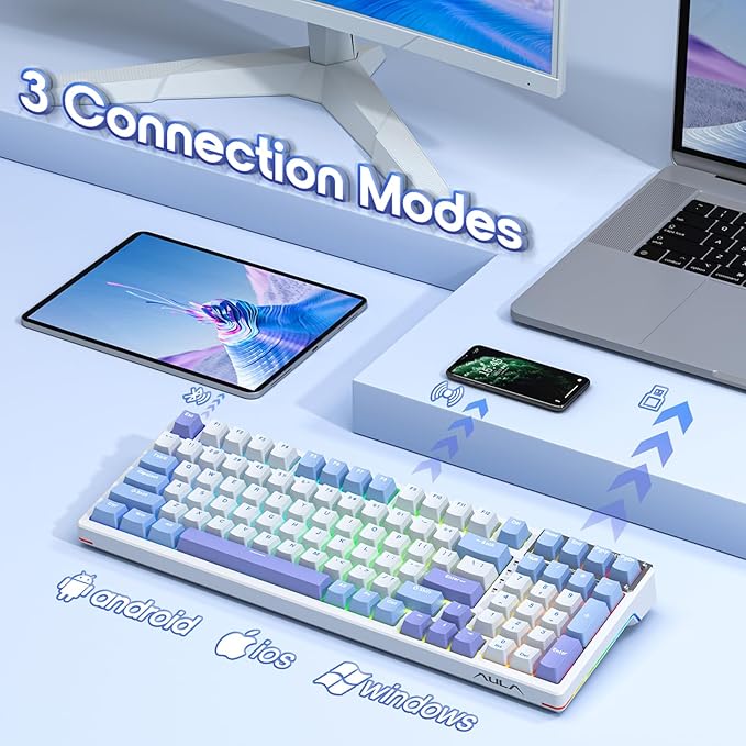AULA Mechanical Keyboard Wireless Gaming Keyboards 99 Keys Tri-Mode BT5.0/2.4GHz/USB-C Hot Swappable Custom Creamy KeyboardRGB Backlit Computer Keyboards w/Pre-lubed Linear Switches Gasket Structure