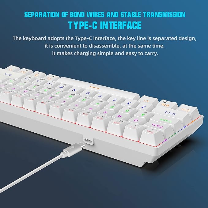 Snpurdiri Wired 60% Mechanical Gaming Keyboard Blue Switch Anti-Ghosting 61 Key Keyboard with RGB Backlit and Double Foot Ultra-Compact White