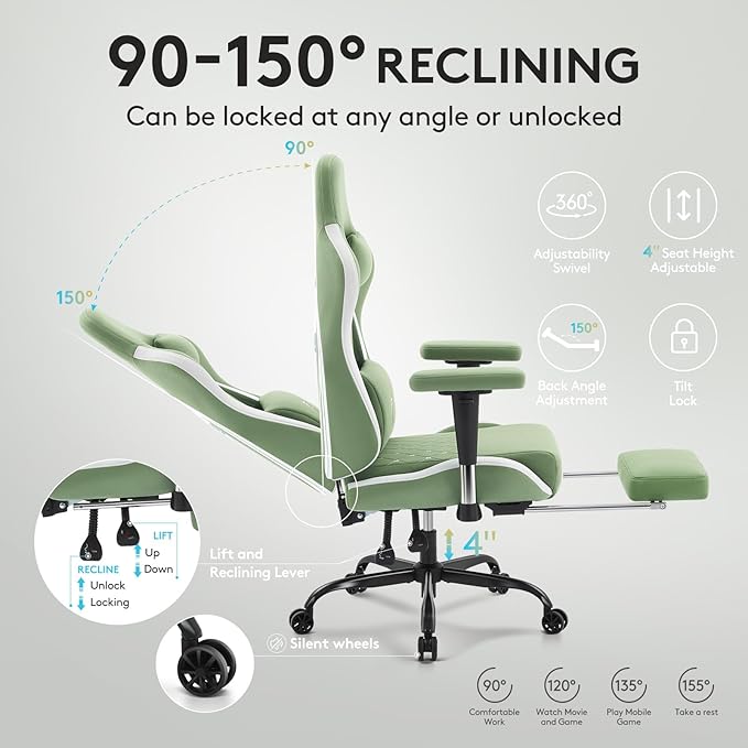 Gaming Chair Breathable FabricComputer Office Chair with FootrestMassage Lumbar Support and Gel PadErgonomic Reclining Gamer Chair with Adjustable Armrests and Spring Cushion Green