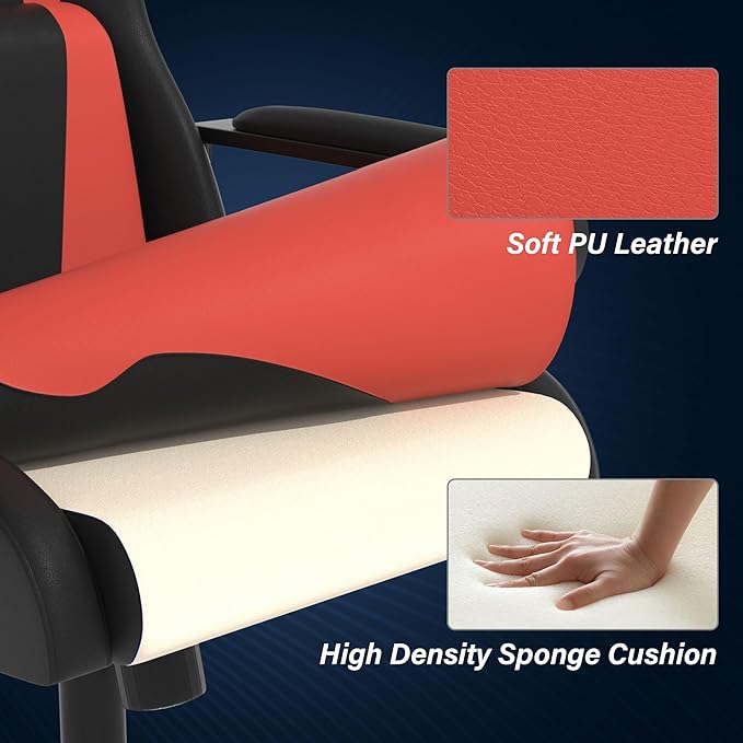 Ergonomic PU Leather Computer ChairHome Office Desk Chair with Adjustable Lumbar SupportExecutive High Back 360°Swivel Rolling Gaming Chairs for Adults(RED)