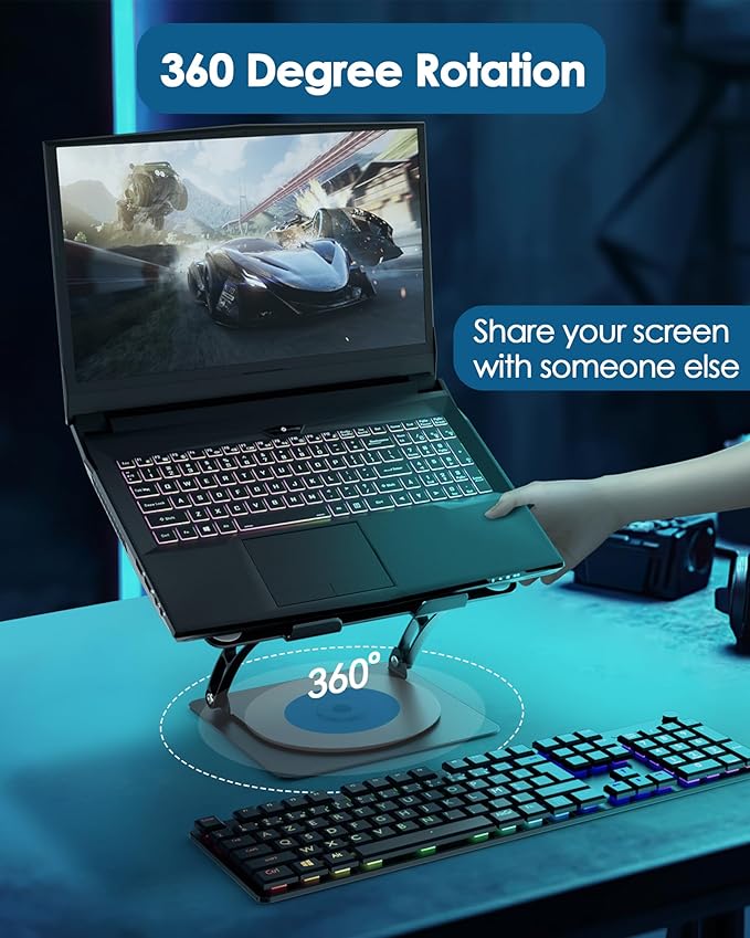 SHUWEI Gaming Laptop Cooling Pad with 360° Rotation Base Ergonimic Aluminum Laptop Cooling Stand with 3 Speed Fan Adjustable Height Laptop Cooling Pad for 10-17.3'' Notebook - Silver