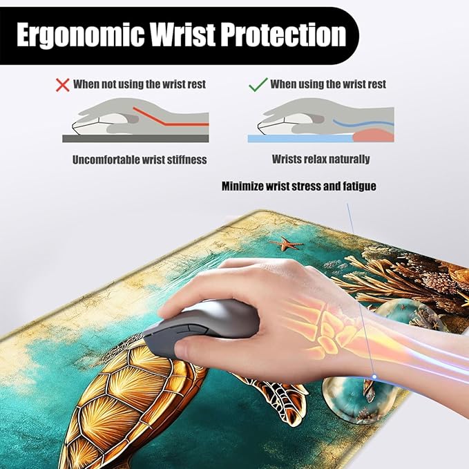 Mouse PadLarge Desk Mat Set 4in1 XL Mousepad + Keyboard Wrist Rest+Mouse Wrist Rest+Coaster with Ergonomic Desk Pad for Home Office Table Computer Cover -Sea Turtle with Coral and Ship